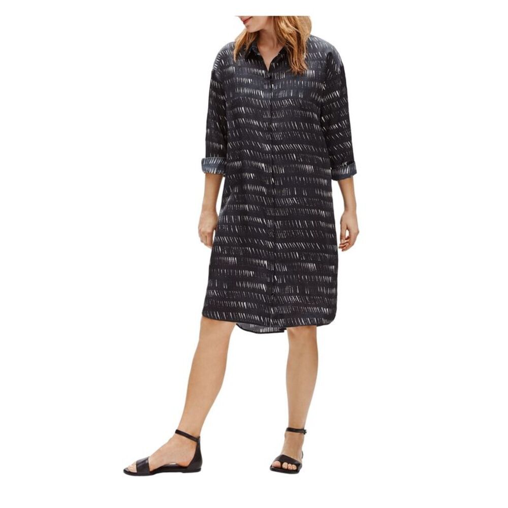 EILEEN FISHER Womens Black 3/4 Sleeve Collared Above The Knee Shirt Dress XXS